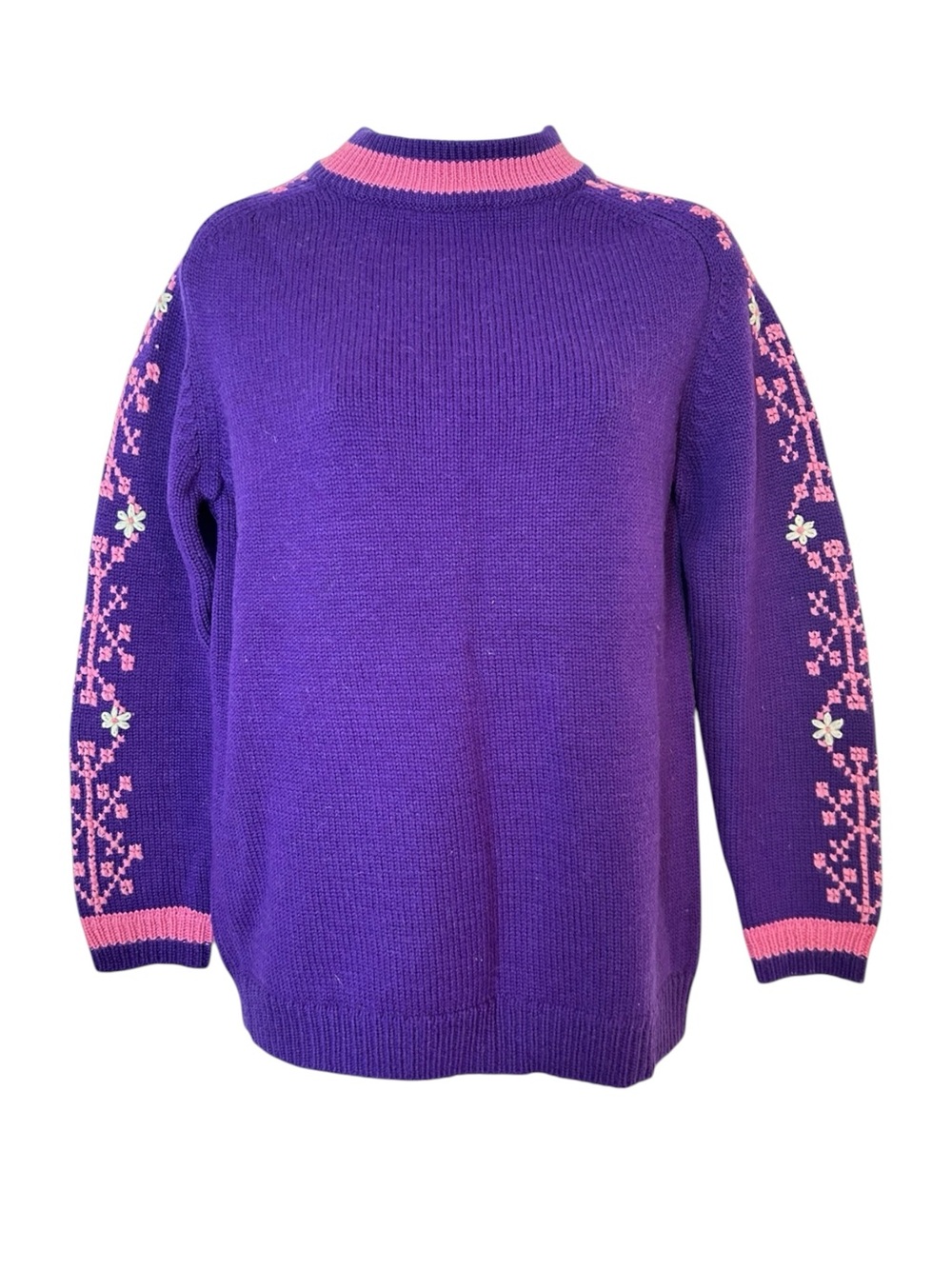 Sears Ted Williams Sport Vintage 60s Wool Purple Sweater Floral Embroidery M